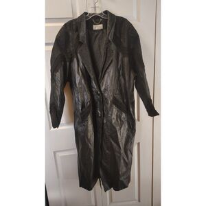 Vtg Maggie Lawrence Black 100% Leather Trench Coat Jacket L Russian Brocade 80s